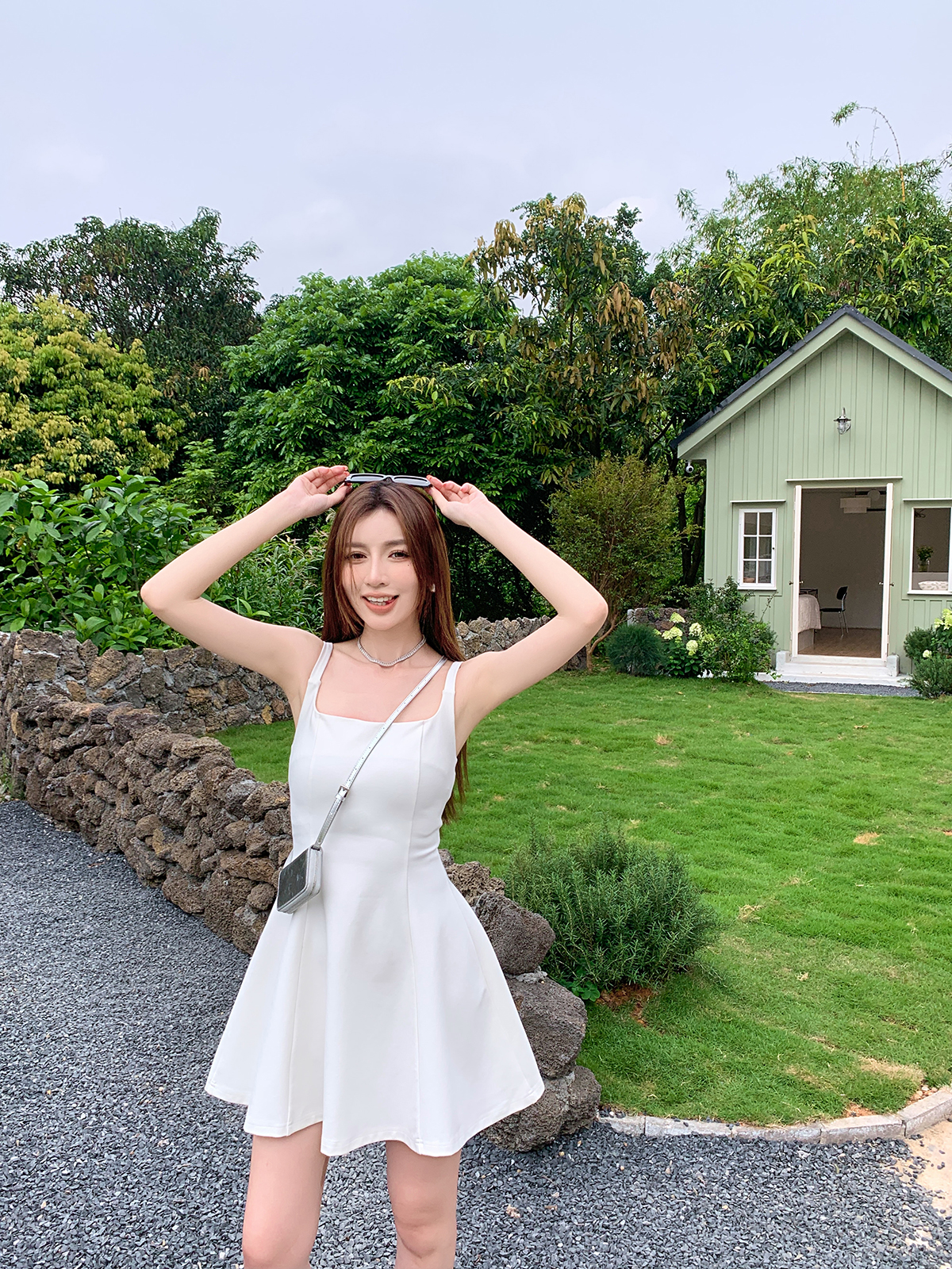 High Waist A-Line Short Skirt for Tall Women - Elegant Spring Summer Dress with Square Neck and Spaghetti Straps, Slimming Fit High Waist A-Line Short Skirt for Tall Women - Elegant Spring Summer Dress with Square Neck and Spaghetti Straps, Slimming Fit