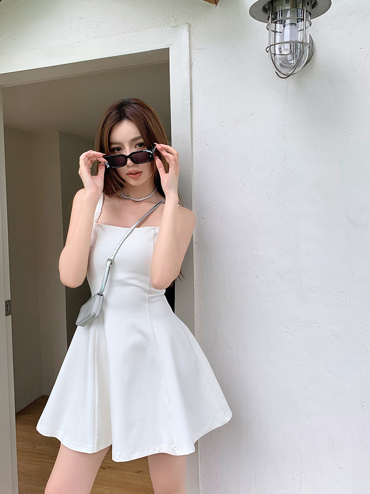High Waist A-Line Short Skirt for Tall Women - Elegant Spring Summer Dress with Square Neck and Spaghetti Straps, Slimming Fit High Waist A-Line Short Skirt for Tall Women - Elegant Spring Summer Dress with Square Neck and Spaghetti Straps, Slimming Fit