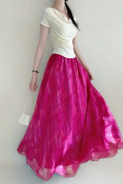 High Waist Colorful Printed Chiffon Skirt for Women - Glossy Long Hem Spring/Summer 2025 Fashion, Ground-Dragging Design