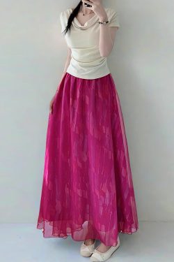 High Waist Colorful Printed Chiffon Skirt for Women - Glossy Long Hem Spring/Summer 2025 Fashion, Ground-Dragging Design