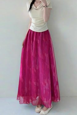 High Waist Colorful Printed Chiffon Skirt for Women - Glossy Long Hem Spring/Summer 2025 Fashion, Ground-Dragging Design