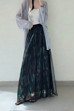 High Waist Colorful Printed Chiffon Skirt for Women - Glossy Long Hem Spring/Summer 2025 Fashion, Ground-Dragging Design