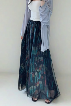 High Waist Colorful Printed Chiffon Skirt for Women - Glossy Long Hem Spring/Summer 2025 Fashion, Ground-Dragging Design