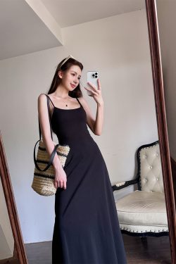 High-Waisted A-Line Long Skirt Dress - Light Fabric, Slimming Flared Design, Stretchy Fitted Spaghetti Strap, Perfect for Y2K Style