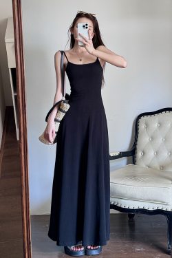 High-Waisted A-Line Long Skirt Dress - Light Fabric, Slimming Flared Design, Stretchy Fitted Spaghetti Strap, Perfect for Y2K Style