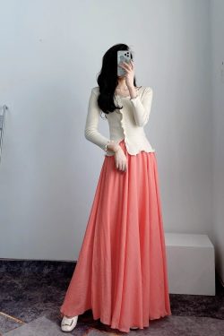 High-Waisted A-Line Long Skirt in Wrinkle-Resistant Cotton-Linen, Solid Color, Large Swing, Slimming Design for Spring & Summer