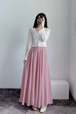 High-Waisted A-Line Long Skirt in Wrinkle-Resistant Cotton-Linen, Solid Color, Large Swing, Slimming Design for Spring & Summer