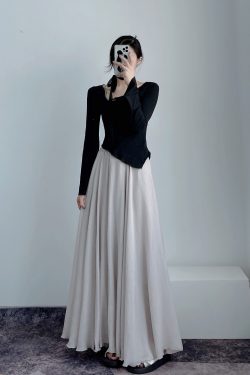 High-Waisted A-Line Long Skirt in Wrinkle-Resistant Cotton-Linen, Solid Color, Large Swing, Slimming Design for Spring & Summer