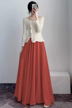 High-Waisted A-Line Long Skirt in Wrinkle-Resistant Cotton-Linen, Solid Color, Large Swing, Slimming Design for Spring & Summer