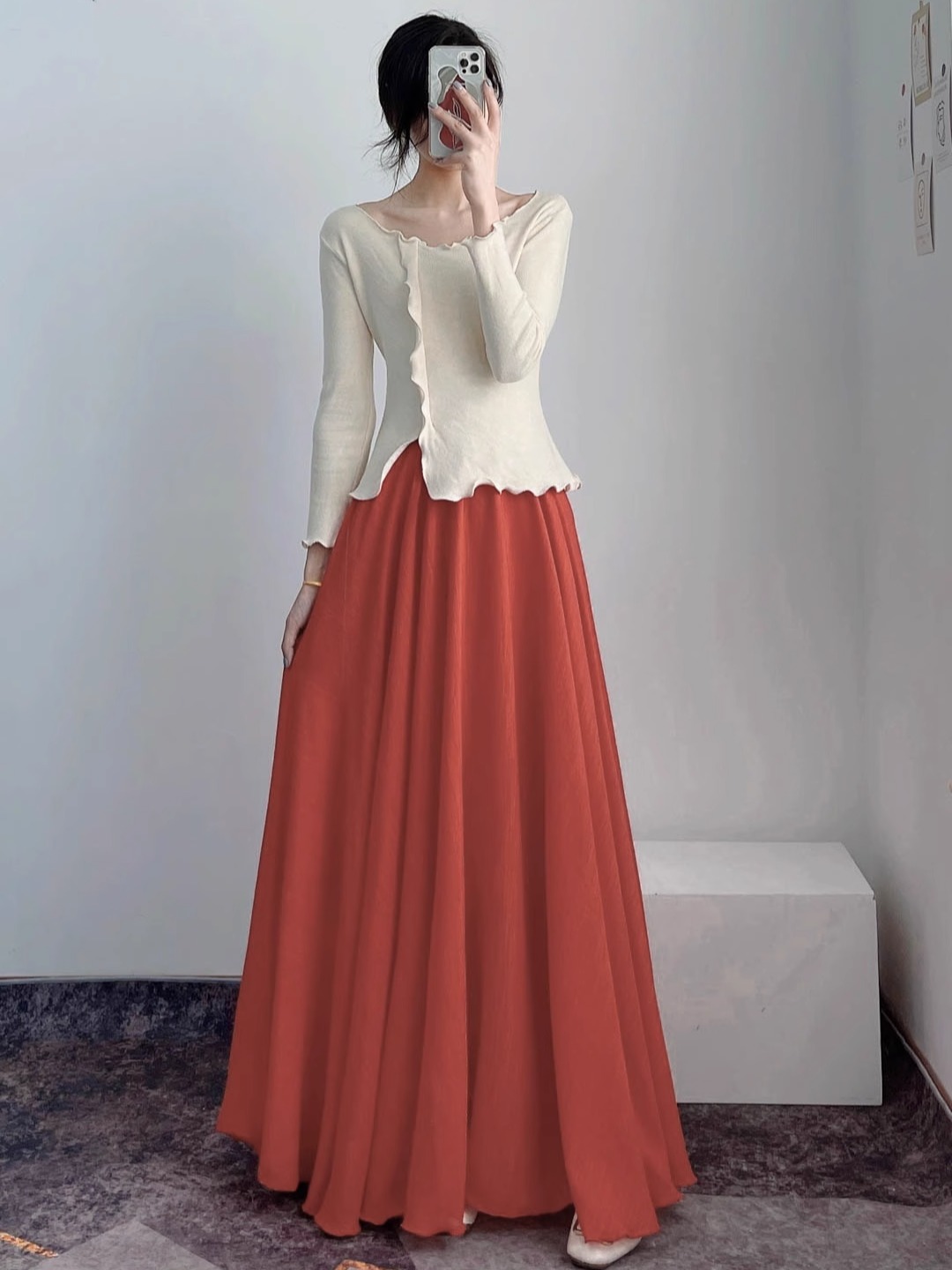 High-Waisted A-Line Long Skirt in Wrinkle-Resistant Cotton-Linen, Solid Color, Large Swing, Slimming Design for Spring & Summer High-Waisted A-Line Long Skirt in Wrinkle-Resistant Cotton-Linen, Solid Color, Large Swing, Slimming Design for Spring & Summer