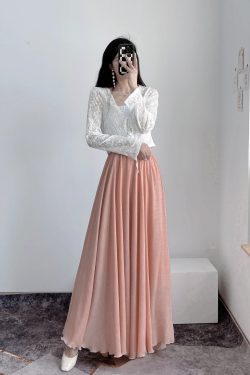 High-Waisted A-Line Long Skirt in Wrinkle-Resistant Cotton-Linen, Solid Color, Large Swing, Slimming Design for Spring & Summer