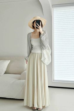 High-Waisted A-Line Long Skirt in Wrinkle-Resistant Cotton-Linen, Solid Color, Large Swing, Slimming Design for Spring & Summer