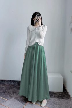 High-Waisted A-Line Long Skirt in Wrinkle-Resistant Cotton-Linen, Solid Color, Large Swing, Slimming Design for Spring & Summer