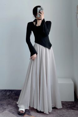 High-Waisted A-Line Long Skirt in Wrinkle-Resistant Cotton-Linen, Solid Color, Large Swing, Slimming Design for Spring & Summer