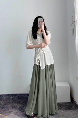 High-Waisted A-Line Long Skirt in Wrinkle-Resistant Cotton-Linen, Solid Color, Large Swing, Slimming Design for Spring & Summer