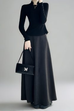 High-Waisted A-Line Long Skirt with Elastic Waist, Loose Fit, Zipper - Versatile Casual Floor-Length Skirt for Spring and Summer