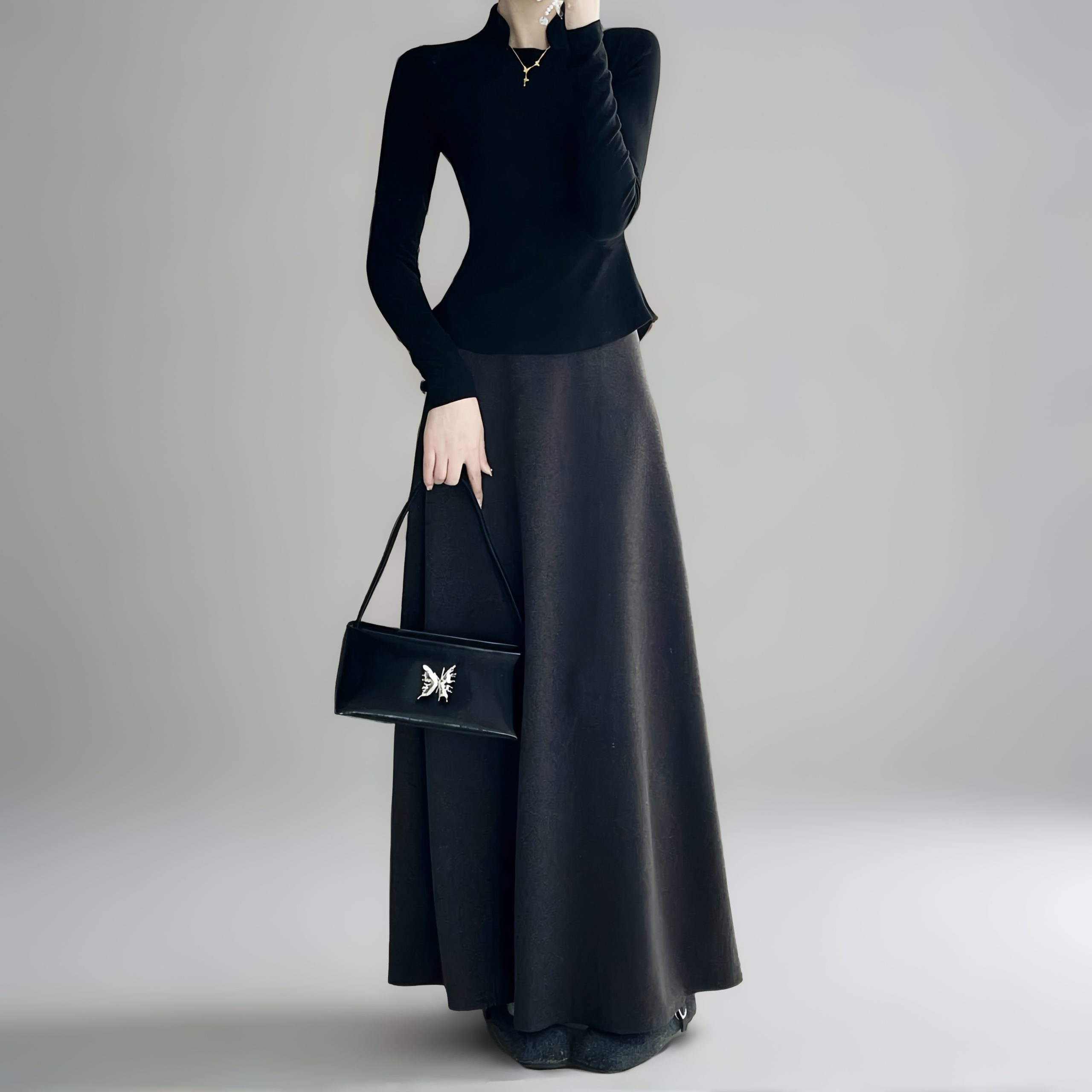 High-Waisted A-Line Long Skirt with Elastic Waist, Loose Fit, Zipper - Versatile Casual Floor-Length Skirt for Spring and Summer High-Waisted A-Line Long Skirt with Elastic Waist, Loose Fit, Zipper - Versatile Casual Floor-Length Skirt for Spring and Summer