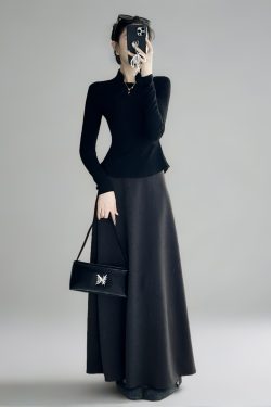 High-Waisted A-Line Long Skirt with Elastic Waist, Loose Fit, Zipper - Versatile Casual Floor-Length Skirt for Spring and Summer