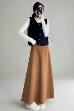 High-Waisted A-Line Long Skirt with Elastic Waist, Loose Fit, Zipper - Versatile Casual Floor-Length Skirt for Spring and Summer