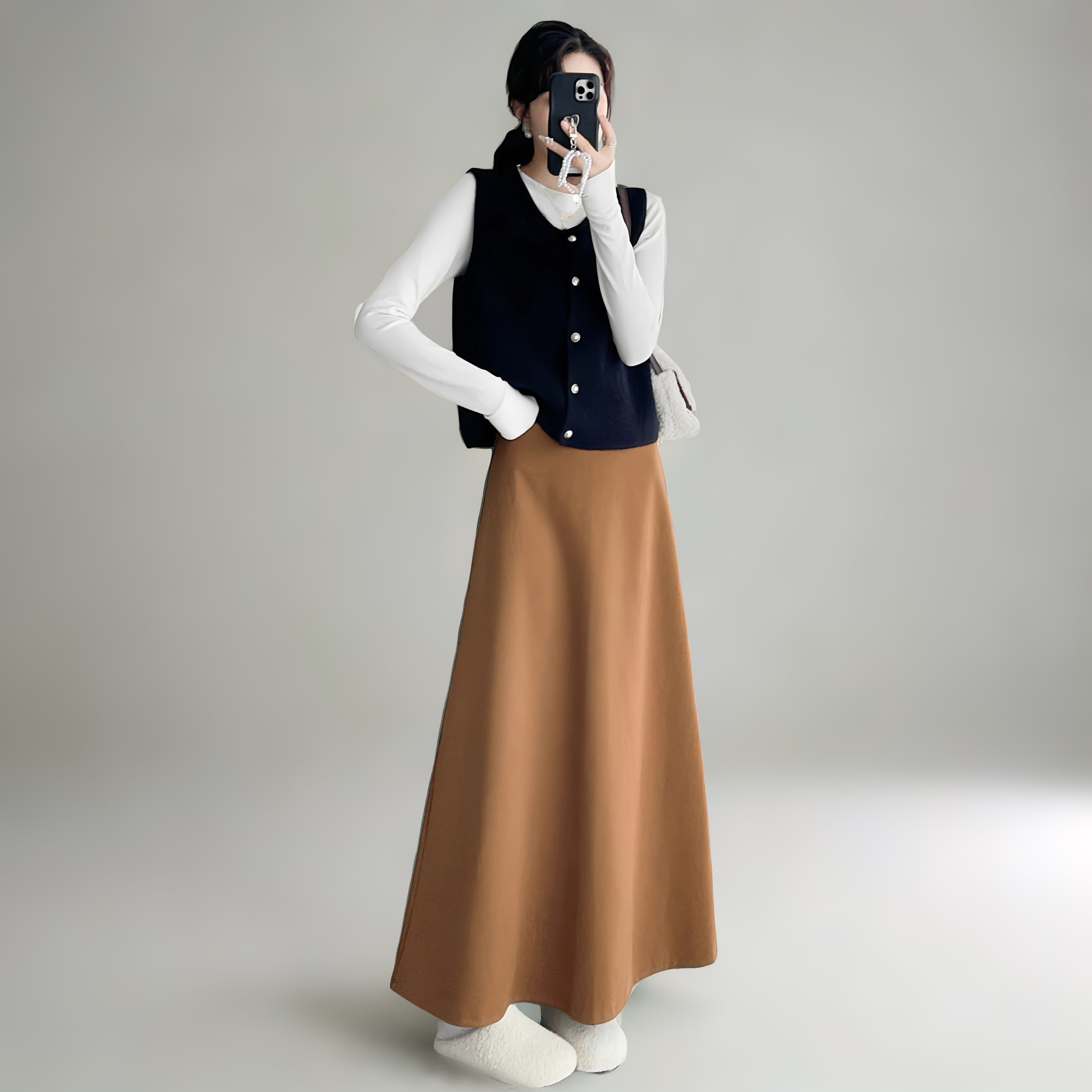 High-Waisted A-Line Long Skirt with Elastic Waist, Loose Fit, Zipper - Versatile Casual Floor-Length Skirt for Spring and Summer High-Waisted A-Line Long Skirt with Elastic Waist, Loose Fit, Zipper - Versatile Casual Floor-Length Skirt for Spring and Summer