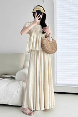 High-Waisted A-Line Midi Skirt in Gentle Apricot - Wrinkle-Resistant Cotton-Linen, Vintage Spring Style, Flattering Ankle-Length Design