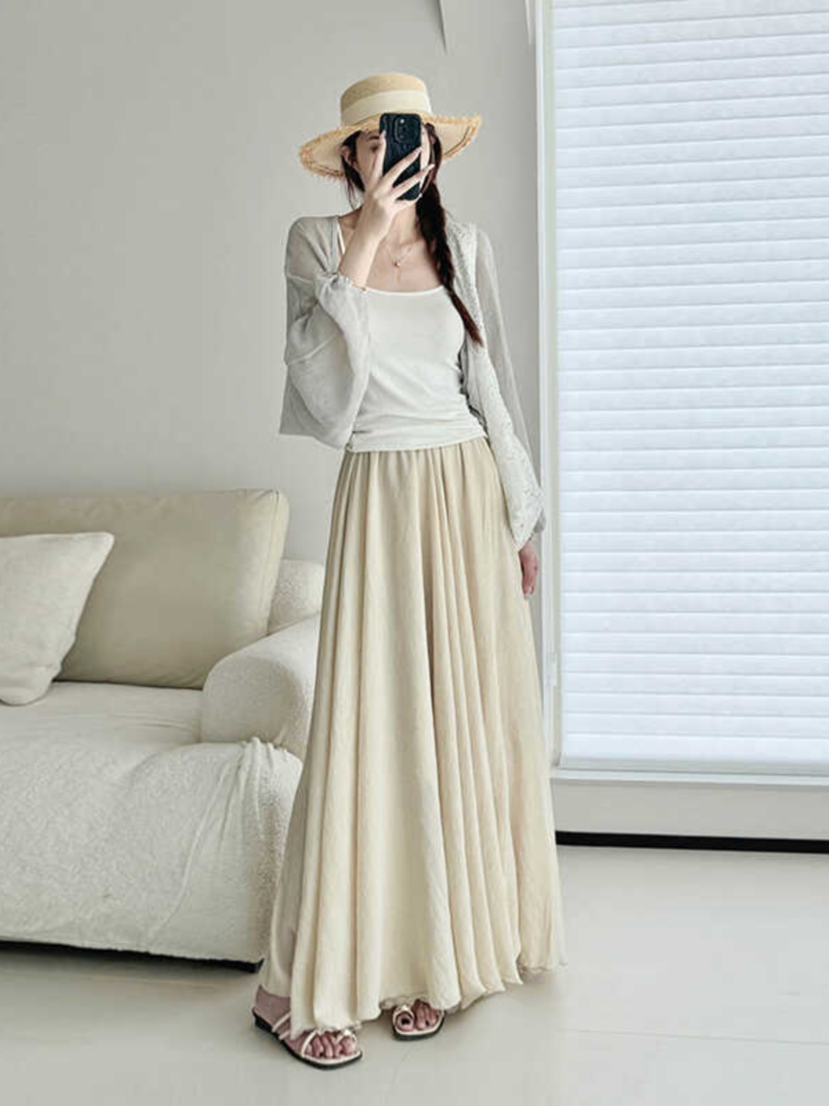 High-Waisted A-Line Midi Skirt in Gentle Apricot - Wrinkle-Resistant Cotton-Linen, Vintage Spring Style, Flattering Ankle-Length Design High-Waisted A-Line Midi Skirt in Gentle Apricot - Wrinkle-Resistant Cotton-Linen, Vintage Spring Style, Flattering Ankle-Length Design