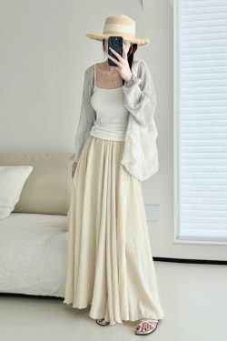 High-Waisted A-Line Midi Skirt in Gentle Apricot - Wrinkle-Resistant Cotton-Linen, Vintage Spring Style, Flattering Ankle-Length Design