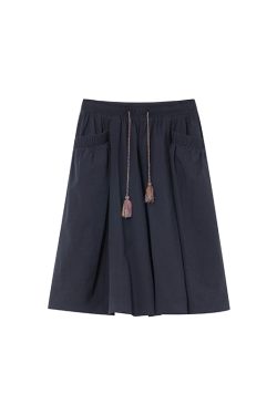 High-Waisted A-Line Short Skirt for Women, Elastic Pleated Big Pocket Tassel Design, Summer 2025 Petite Fashion Trend