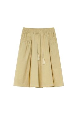 High-Waisted A-Line Short Skirt for Women, Elastic Pleated Big Pocket Tassel Design, Summer 2025 Petite Fashion Trend