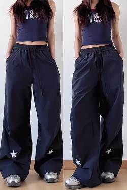 High-Waisted American Retro Star Work Pants for Women, Slimming Wide-Leg Loose Casual Sports Style for Summer