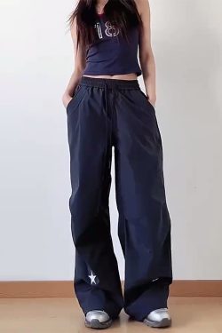 High-Waisted American Retro Star Work Pants for Women, Slimming Wide-Leg Loose Casual Sports Style for Summer