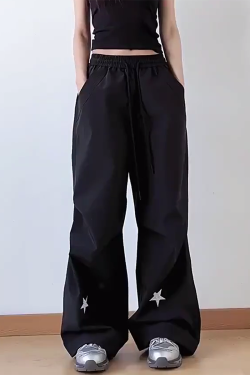 High-Waisted American Retro Star Work Pants for Women, Slimming Wide-Leg Loose Casual Sports Style for Summer
