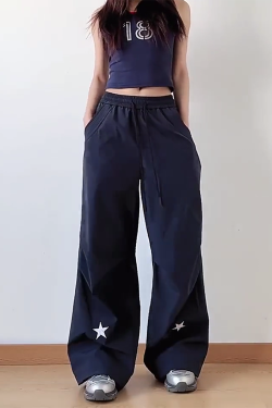 High-Waisted American Retro Star Work Pants for Women, Slimming Wide-Leg Loose Casual Sports Style for Summer