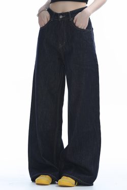 High-Waisted American Retro Wide-Leg Jeans for Women, Casual Draped Floor-Length Pants in Lazy Style