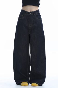 High-Waisted American Retro Wide-Leg Jeans for Women, Casual Draped Floor-Length Pants in Lazy Style