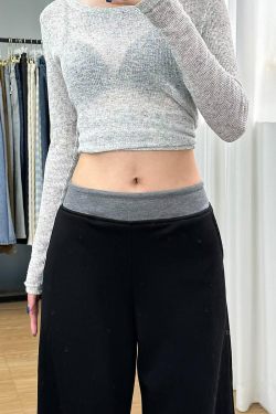 High-Waisted Black Color-Blocked Casual Sports Pants for Women, Loose-Fitting Wide-Leg Trousers for Spring 2025