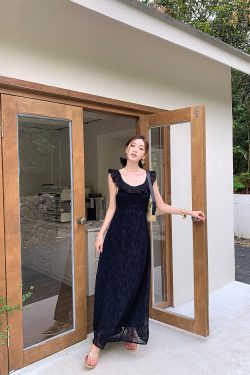 High-Waisted Black Floral Chiffon Long Dress with Slimming Square Neckline - Elegant Summer Vacation Style