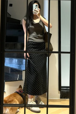 High-Waisted Black Polka Dot Midi Skirt for Women - Plus Size, Slimming Chiffon A-Line for Summer 2025, Trendy and Stylish