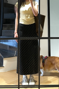 High-Waisted Black Polka Dot Midi Skirt for Women - Plus Size, Slimming Chiffon A-Line for Summer 2025, Trendy and Stylish