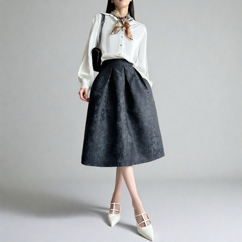 High-Waisted Black Vintage Jacquard Puff Skirt - Women's A-Line Half Skirt in Elegant Chinese Style, Slimming Design for a Chic Look High-Waisted Black Vintage Jacquard Puff Skirt - Women's A-Line Half Skirt in Elegant Chinese Style, Slimming Design for a Chic Look