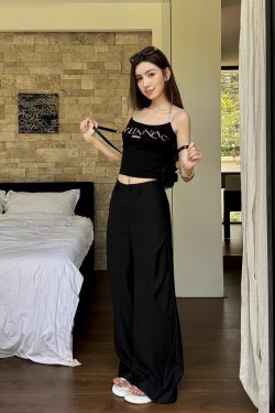 High-Waisted Black Wide-Leg Trousers - Lightweight Versatile Casual Pants for Spring & Summer Fashion