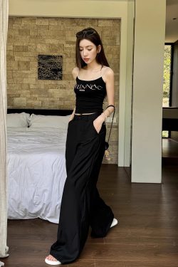 High-Waisted Black Wide-Leg Trousers - Lightweight Versatile Casual Pants for Spring & Summer Fashion