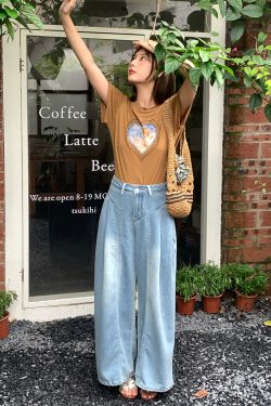High-Waisted Blue Retro Patchwork Denim Pants for Women - Summer Loose Slim Wide-Leg Style, Vintage Inspired, Y2K Fashion