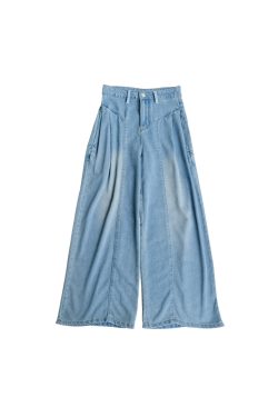 High-Waisted Blue Retro Patchwork Denim Pants for Women - Summer Loose Slim Wide-Leg Style, Vintage Inspired, Y2K Fashion