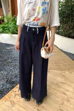 High-Waisted Blue Retro Patchwork Denim Pants for Women - Summer Loose Slim Wide-Leg Style, Vintage Inspired, Y2K Fashion