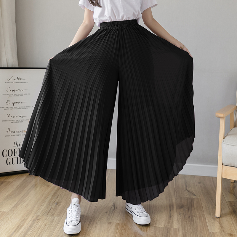High-Waisted Chiffon Pleated Wide-Leg Culottes for Women, Flowy Draping Three-Quarter Pants, Summer Fashion Essentials High-Waisted Chiffon Pleated Wide-Leg Culottes for Women, Flowy Draping Three-Quarter Pants, Summer Fashion Essentials