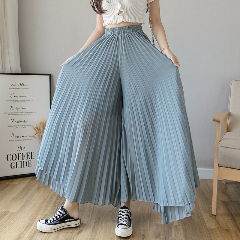 High-Waisted Chiffon Pleated Wide-Leg Culottes for Women, Flowy Draping Three-Quarter Pants, Summer Fashion Essentials High-Waisted Chiffon Pleated Wide-Leg Culottes for Women, Flowy Draping Three-Quarter Pants, Summer Fashion Essentials