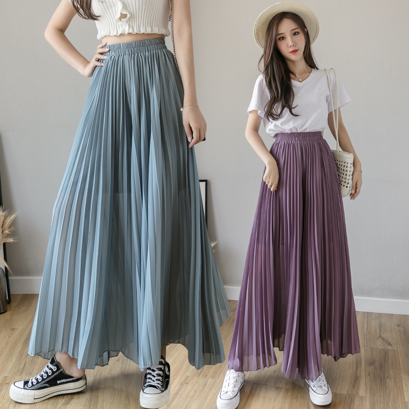 High-Waisted Chiffon Pleated Wide-Leg Culottes for Women, Flowy Draping Three-Quarter Pants, Summer Fashion Essentials High-Waisted Chiffon Pleated Wide-Leg Culottes for Women, Flowy Draping Three-Quarter Pants, Summer Fashion Essentials