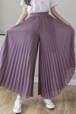 High-Waisted Chiffon Pleated Wide-Leg Culottes for Women, Flowy Draping Three-Quarter Pants, Summer Fashion Essentials