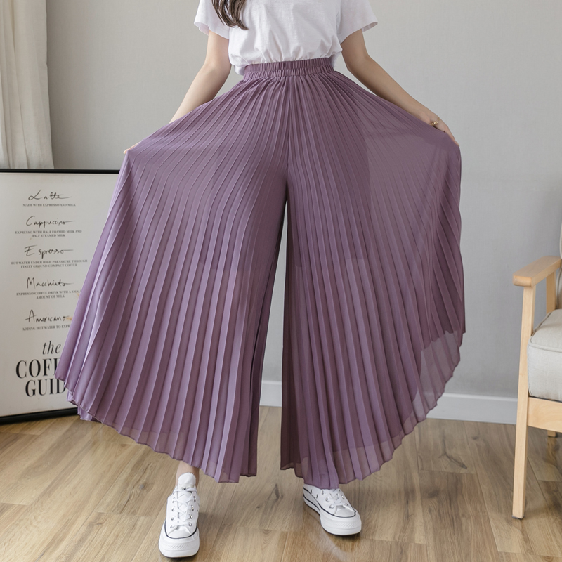 High-Waisted Chiffon Pleated Wide-Leg Culottes for Women, Flowy Draping Three-Quarter Pants, Summer Fashion Essentials High-Waisted Chiffon Pleated Wide-Leg Culottes for Women, Flowy Draping Three-Quarter Pants, Summer Fashion Essentials
